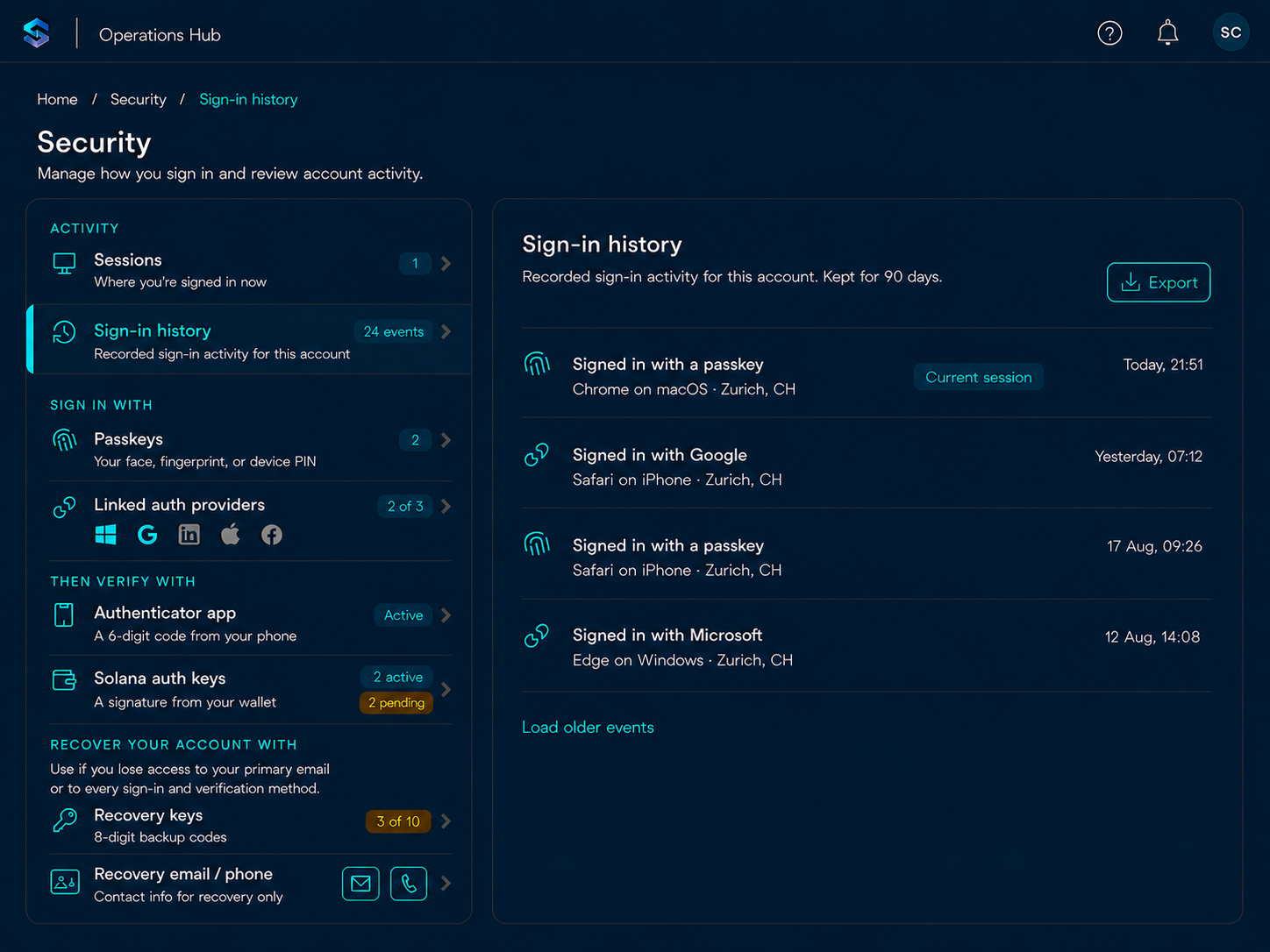 Desktop security menu showing sign-in history