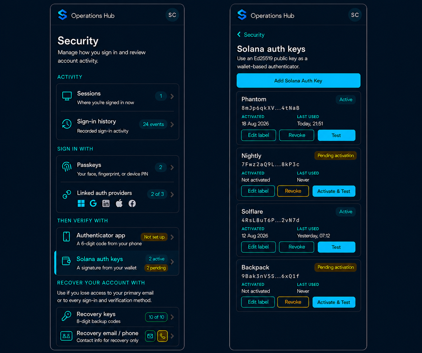Mobile security menu showing Solana authentication keys